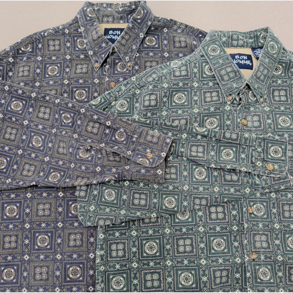 Vtg Bon Homme Lot of 2 Button Down Long Slv Shirts Mens L Medallion Tile 90s Art